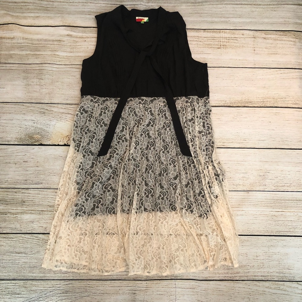 NWOT Black & Cream Lace Dress with Tie front